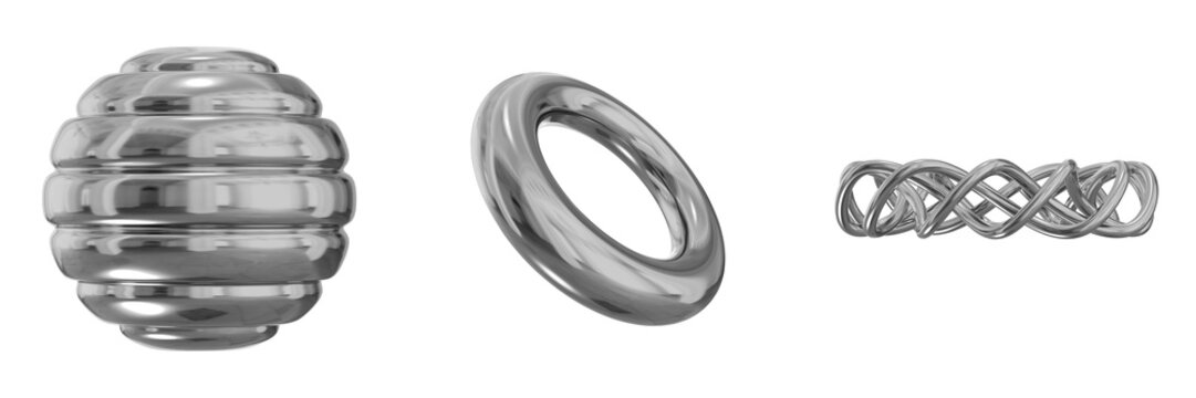 3D Chrome Metallic Abstract Shape Objects, 3d rendering steel gradient shape design element, futuristic, shiny design