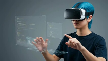 Poster - asian man with blue hair using virtual reality headset and interacting with holographic screen, futu
