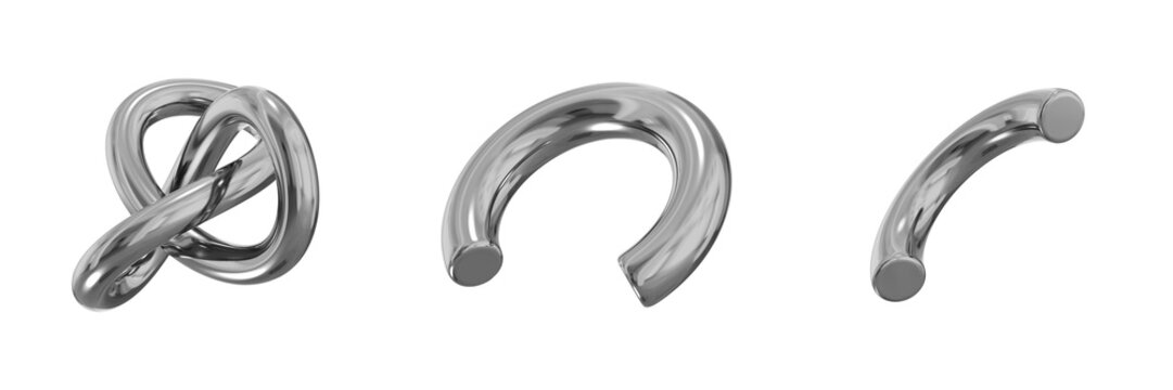 3D Chrome Metallic Abstract Shape Objects, 3d rendering steel gradient shape design element, futuristic, shiny design