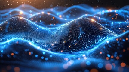Poster - Glowing Blue Mesh Wave in Dark Tech Background