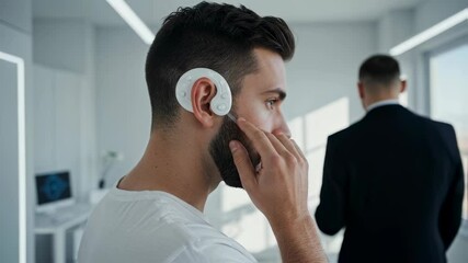 Poster - Man wearing a futuristic ear device and touching his face. Concept of modern wearable technology and communication, footage.
