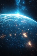 Poster - Glowing Blue Planet with White Communication Grid in Outer Space