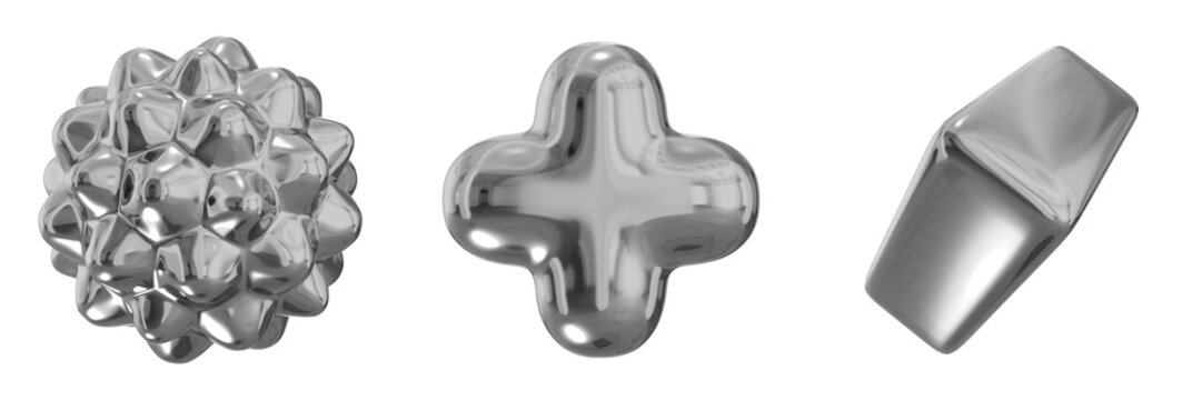 3D Chrome Metallic Abstract Shape Objects, 3d rendering steel gradient shape design element, futuristic, shiny design