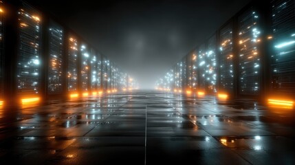 Poster - Glowing Blue Wireframe Data Servers in Dark Cityscape
