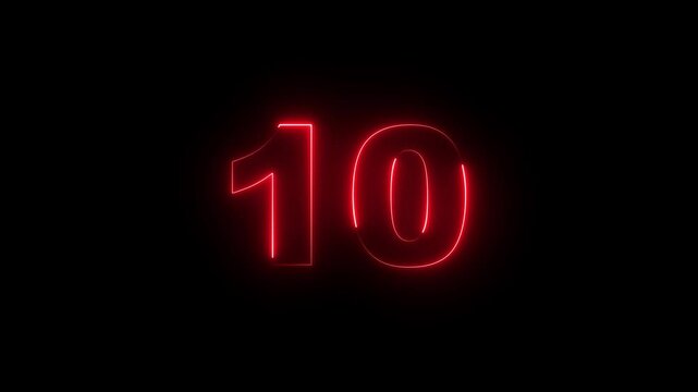 neon glowing red text 10 number  sign icon animation on a black background. Neon number 10 text with alpha channel, neon numbers, Bright neon glowing number 10 light red color symbol, neon text.