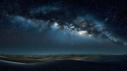 High resolution astrophotography of Milky Way galaxy core crystal night sky shot over serene desert landscape sand dune under white background top down wide angle view deep space starscape galactic