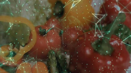 Poster - Green network overlay appearing over veggies and rotating dotted globe while visualizing food data