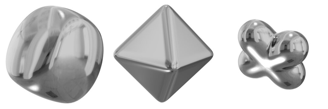 3D Chrome Metallic Abstract Shape Objects, 3d rendering steel gradient shape design element, futuristic, shiny design
