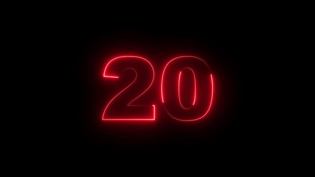neon glowing red text 20 number  sign icon animation on a black background. Neon number 20 text with alpha channel, neon numbers, Bright neon glowing number 20 light red color symbol, neon text.