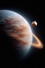Poster - Mysterious planet with rings and cube floating in deep space. Conceptual art for science, future, technology, or exploration. Evokes wonder and cosmic themes.