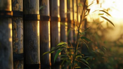 Poster - A bamboo fence silhouetted against the colorful sunset sky