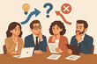 © Jamine - Business team making a difficult decision. Colleagues brainstorming in a meeting, evaluating options and alternatives. Problem-solving concept with idea, question, and failure icons.