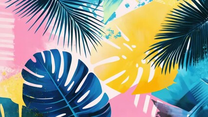 Poster - A colorful arrangement of tropical plants and palm leaves on a background