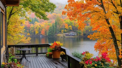 Poster - A cozy outdoor seating area with a wooden deck, table, and chairs perfect for picnics or relaxation