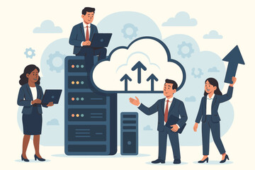 Poster - Businesspeople leveraging cloud technology and server services for enterprise solutions. IT team managing data center and online storage for company growth. Cartoon vector illustration.