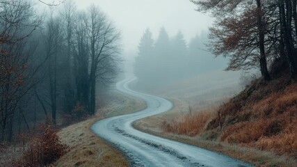Poster - A winding road in the midst of a dense fog, perfect for use in scenes where navigation is challenging