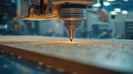 Poster - A close-up shot of a machine cutting a piece of wood, suitable for use in industrial or manufacturing contexts