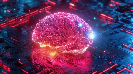 Poster - A computer motherboard with a glowing brain component, ideal for tech and innovation illustrations