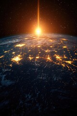 Poster - Glowing Earth at Night with City Lights and Sunrise