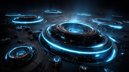 Wall Mural - Blue neon light circles set isolated on black background. Vector realistic illustration of round frames glowing in darkness with shimmering particles, futuristic space portal, nightclub decoration