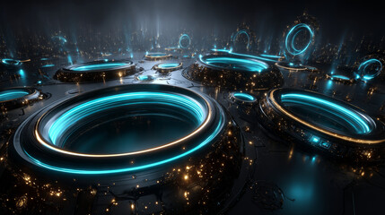 Wall Mural - Blue neon light circles set isolated on black background. Vector realistic illustration of round frames glowing in darkness with shimmering particles, futuristic space portal, nightclub decoration