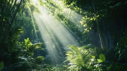 Poster - Dense jungle trees with sunlight shining through leaves, potential for travel or adventure scenes