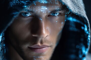Poster - Man in hoodie with glowing digital patterns on face and intense blue eyes in a dark setting
