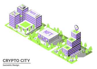 Poster - Cartoon Color Startup Coworking, NFT Gallery and Smart Contract Hub Building Crypto City Concept 3d Isometric View Line Elements. Vector illustration