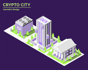 Poster - Cartoon Color Mining Farm, Blockchain Museum and DEX Building Crypto City Concept 3d Isometric View Line Elements. Vector illustration