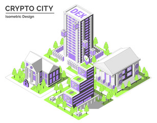 Poster - Cartoon Color Smart Contract Hub, Bank, Blockchain Museum and DEX Building Crypto City Concept 3d Isometric View Line Elements. Vector illustration