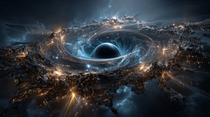 Wall Mural - Spiral black hole space vector background. Abstract nebula of cloud and star in cosmoc. Andromeda galactic system. Blue astrology pattern with light trail, magic dust and flare from planet.