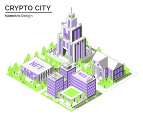 Poster - Cartoon Color Wallet Company, NFT Gallery, Startup Coworking and Bank Building Crypto City Concept 3d Isometric View Line Elements. Vector illustration