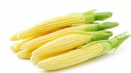 Poster - Fresh yellow corn arranged on a white surface, perfect for cooking or photography