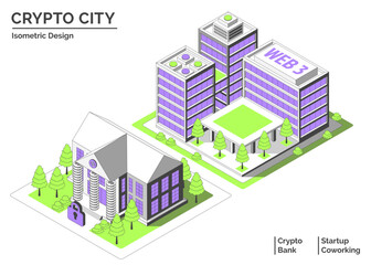 Poster - Cartoon Color Startup Coworking and Bank Building Crypto City Concept 3d Isometric View Line Elements. Vector illustration