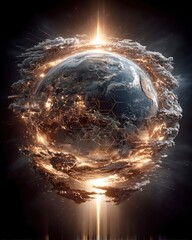 Fototapete - Glowing Earth Grid Scan: Golden Hexagon Orbiting Sphere