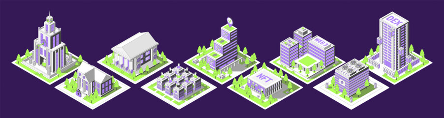 Poster - Cartoon Color Different Types Buildings Architecture Crypto City Concept 3d Isometric View Line Elements. Vector illustration