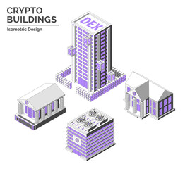 Poster - Cartoon Color Mining Farm, DEX ,Virtual Exchange and Bank Crypto Buildings Isolated on a White Background City Concept 3d Isometric View Line Elements. Vector illustration