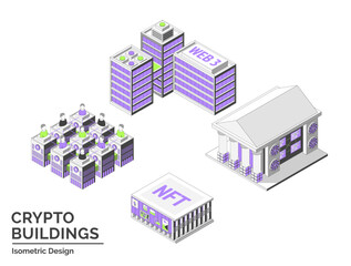 Poster - Cartoon Color NFT Gallery, Startup Coworking, Mining Farm and DAO Office Crypto Buildings Isolated on a White Background City Concept 3d Isometric View Line Elements. Vector illustration