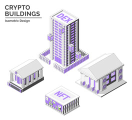 Poster - Cartoon Color DEX, NFT Gallery, Blockchain Museum and Virtual Exchange Crypto Buildings Isolated on a White Background City Concept 3d Isometric View Line Elements. Vector illustration