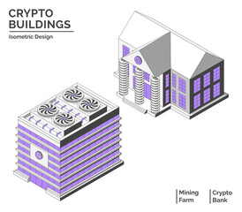Poster - Cartoon Color Mining Farm and Bank Crypto Buildings Isolated City Concept 3d Isometric View Line Elements. Vector illustration