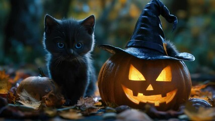 Aufkleber - A black cat sits beside a carved-out jack-o'-lantern on a dark night