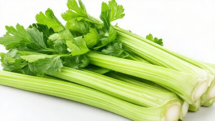 Poster - A bundle of fresh celery stalks arranged neatly on a white surface, ideal for use in still life photography or food product advertising