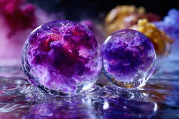 Poster - Colorful ink swirls trapped in transparent spheres creating a stunning visual effect
