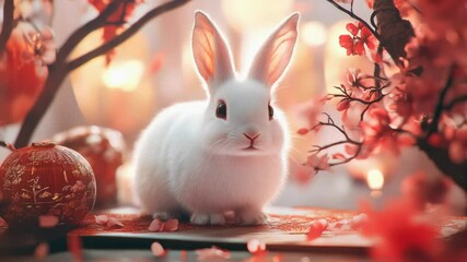 Poster - A white rabbit sits on top of a table, looking curious