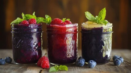 Poster - Three glass jars filled with fresh blueberries and raspberries