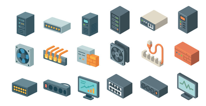 Network technology device icons set – isometric, tech, hardware symbols