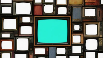 Poster - A row of vintage TVs with a green chroma key background, perfect for keying out and creating digital backgrounds