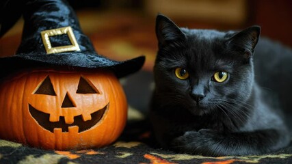 Aufkleber - A black cat lies next to a carved halloween pumpkin on a porch or doorstep