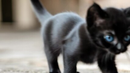 Aufkleber - A curious black kitten with bright blue eyes strolling along a sidewalk
