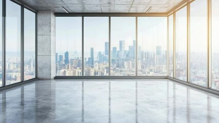 Aufkleber - An empty room with a window offering a view of the city below
